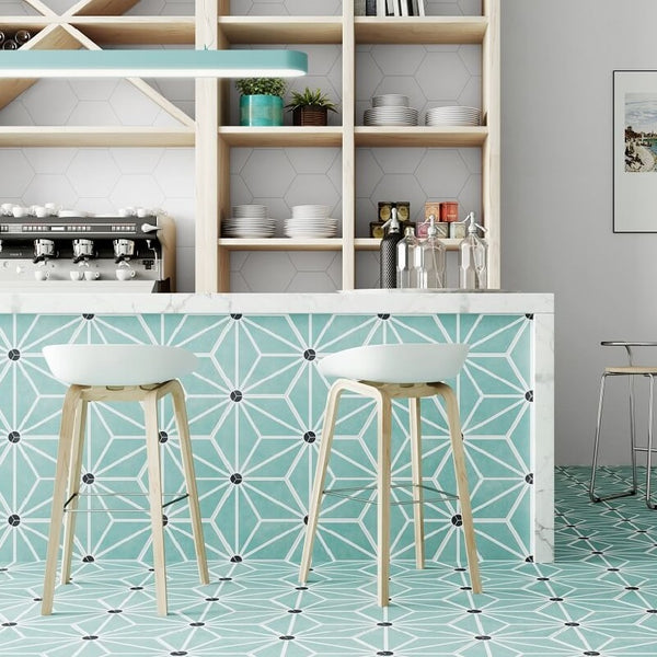 Osaka Aqua Porcelain Hexagonal Tile at Bar Counter