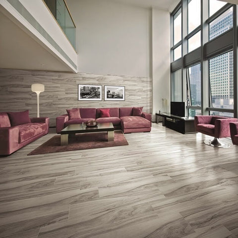 Sauco Grey Wood Effect Tiles in Stunning Apartment with Red Couches and City View