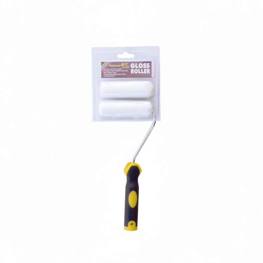 A 4-inch paint roller in its retail blister packaging, featuring a black and yellow textured handle and a silver metal roller arm.