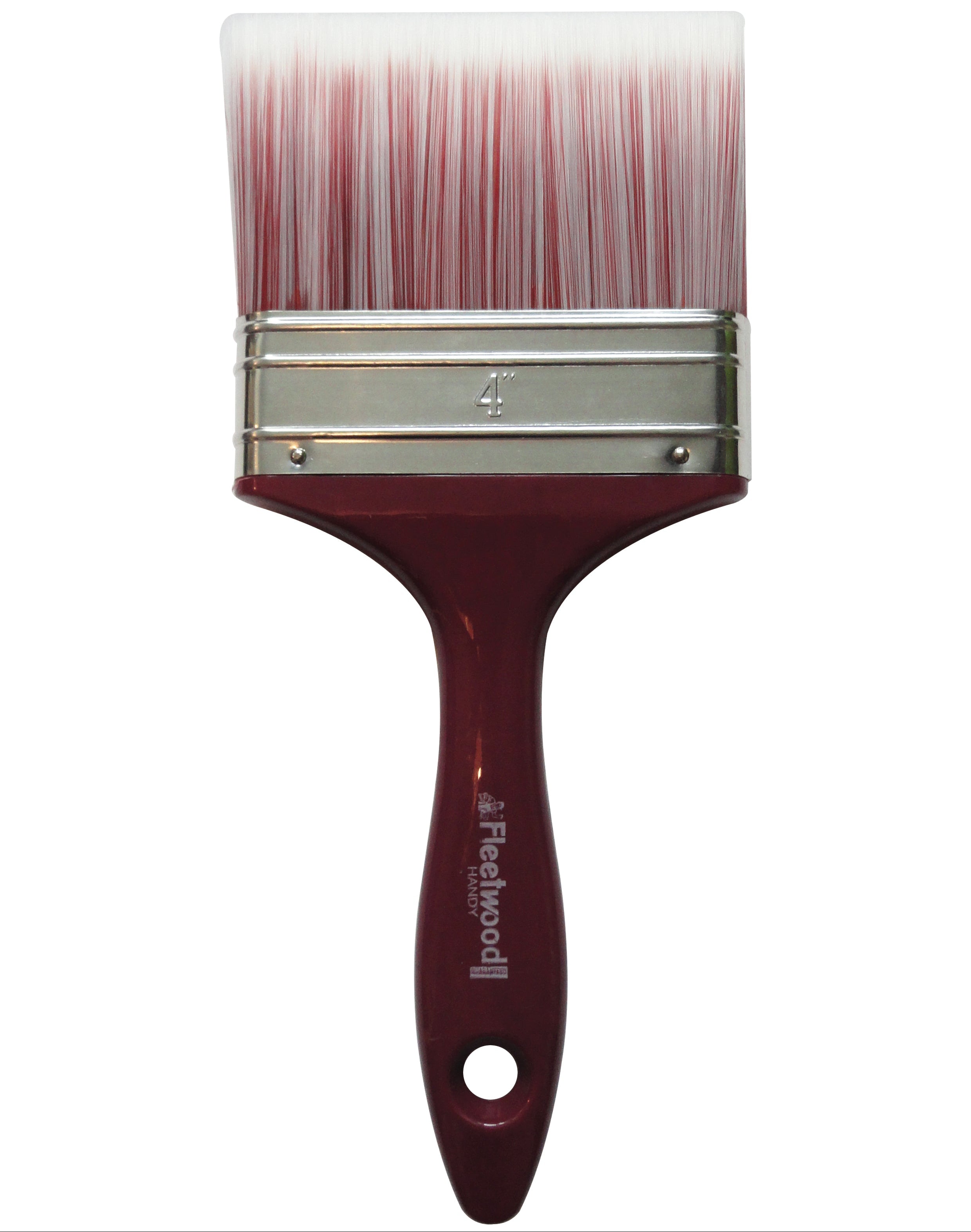 A 4-inch paint brush with a glossy dark red handle, a silver metal ferrule, and white bristles showing a red pattern underneath, on a solid white background.