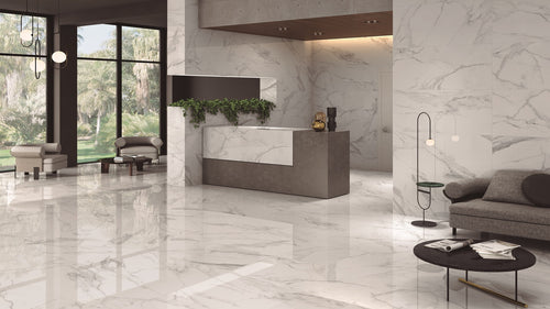 Alabaster Polished Glazed Porcelain Tile 60 x 120 cm in Hotel Lobby