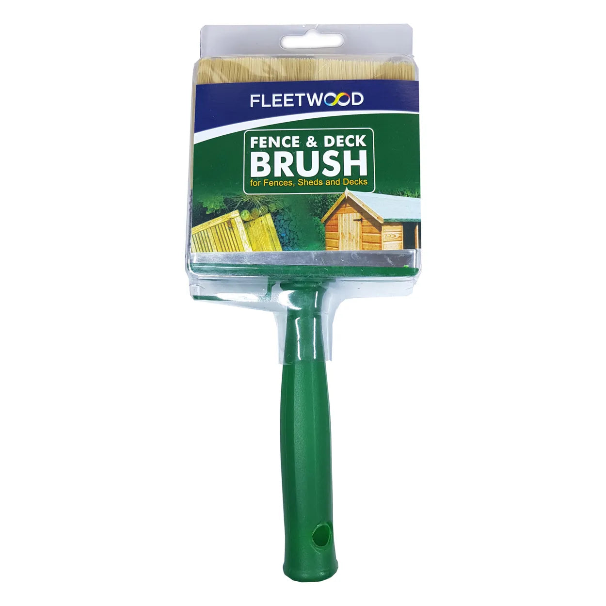 Fence & Deck Brush with green handle and Fleetwood packaging on a white background