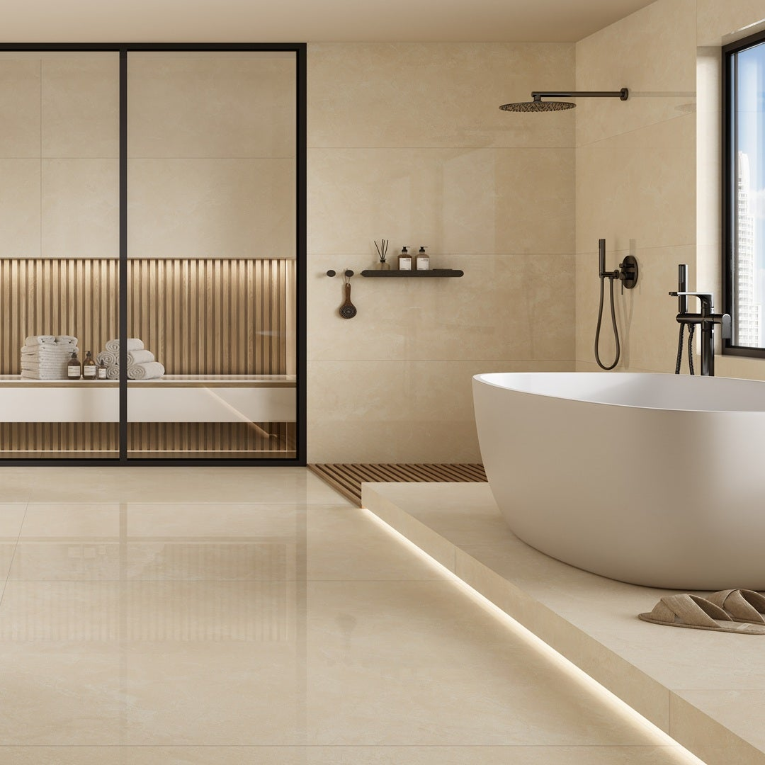 Crema Marfil Tile in Glamorous Bathroom