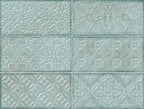 Patterned tiles with decorative designs on a light green background