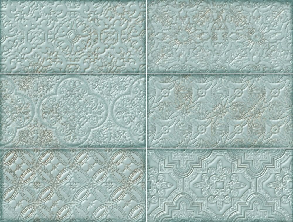 Patterned tiles with decorative designs on a light green background