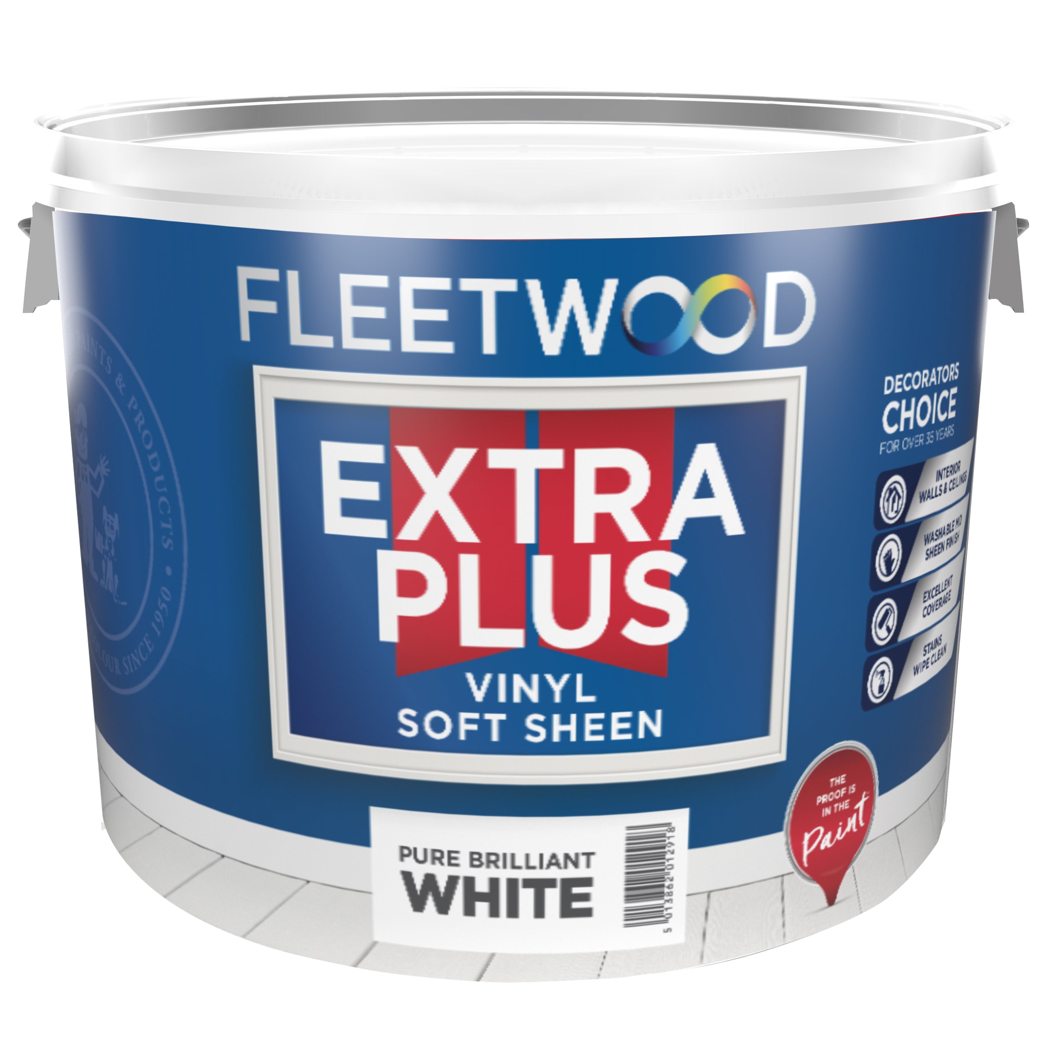 Fleetwood Extra Plus vinyl soft sheen paint can on a white background