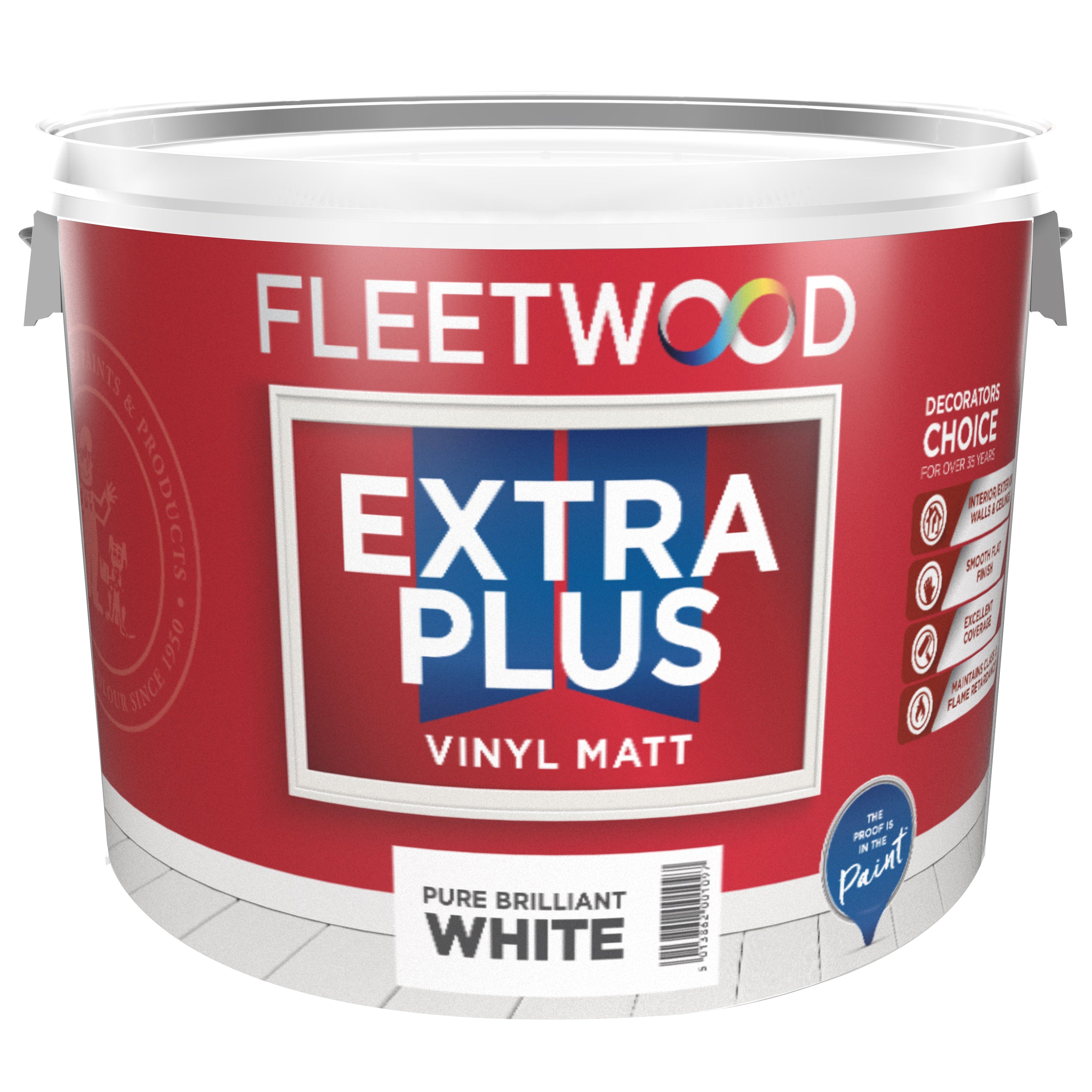 Fleetwood Extra Plus vinyl matt paint can on a white background