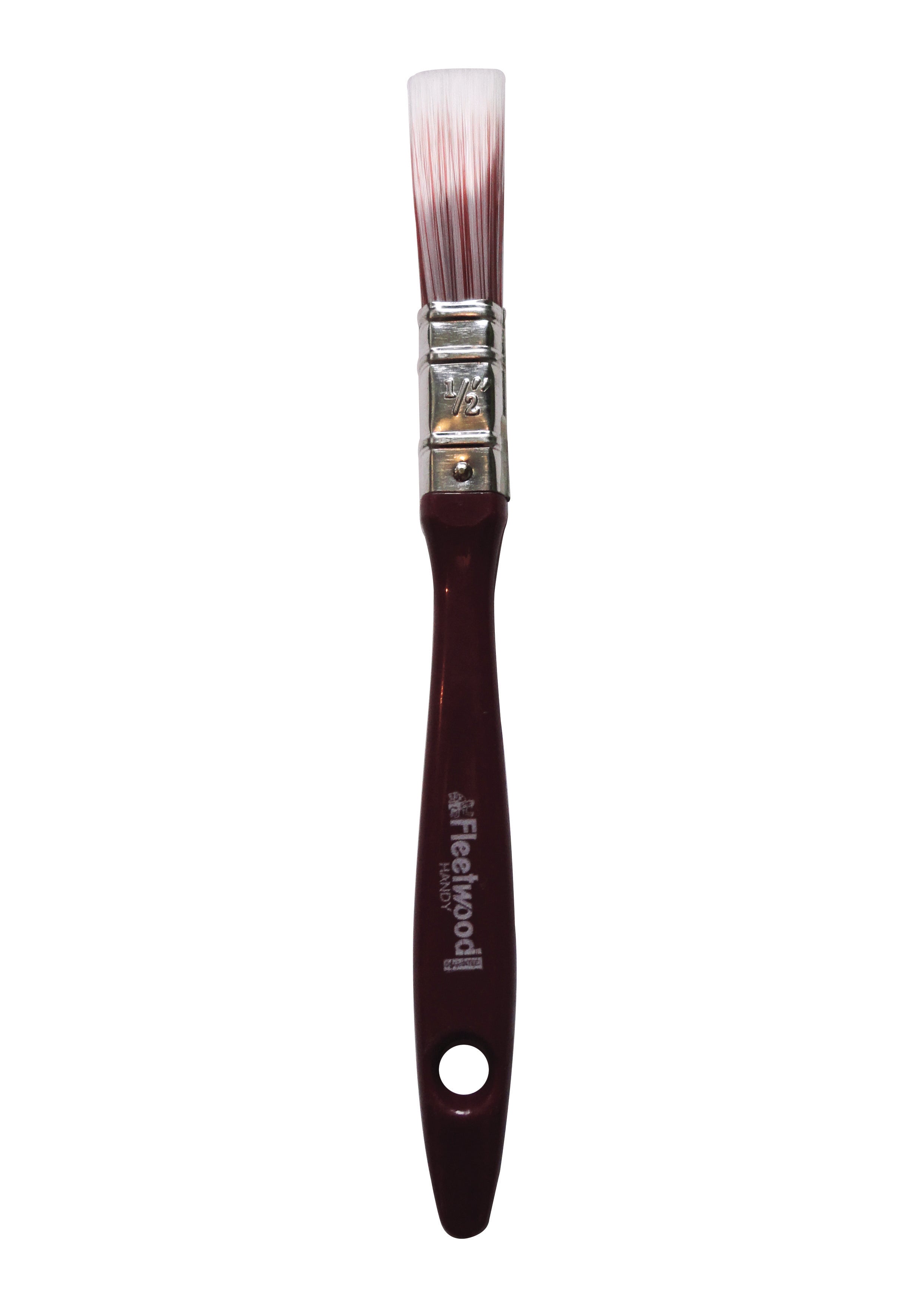 A single flat paint brush with a dark reddish-brown wooden handle, a silver metal ferrule, and white bristles that fade to pinkish-red at the tips, shown vertically on a plain white background. The brand name 'Folkwood' is printed on the handle.