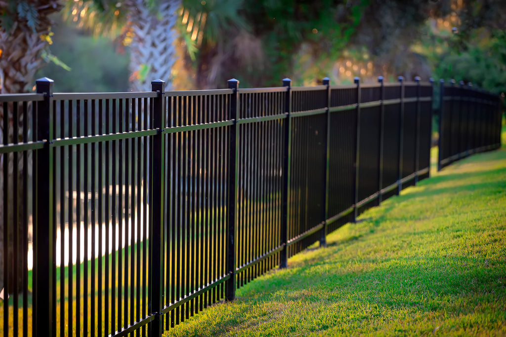 Black metal fence along a grassy area with trees in the background