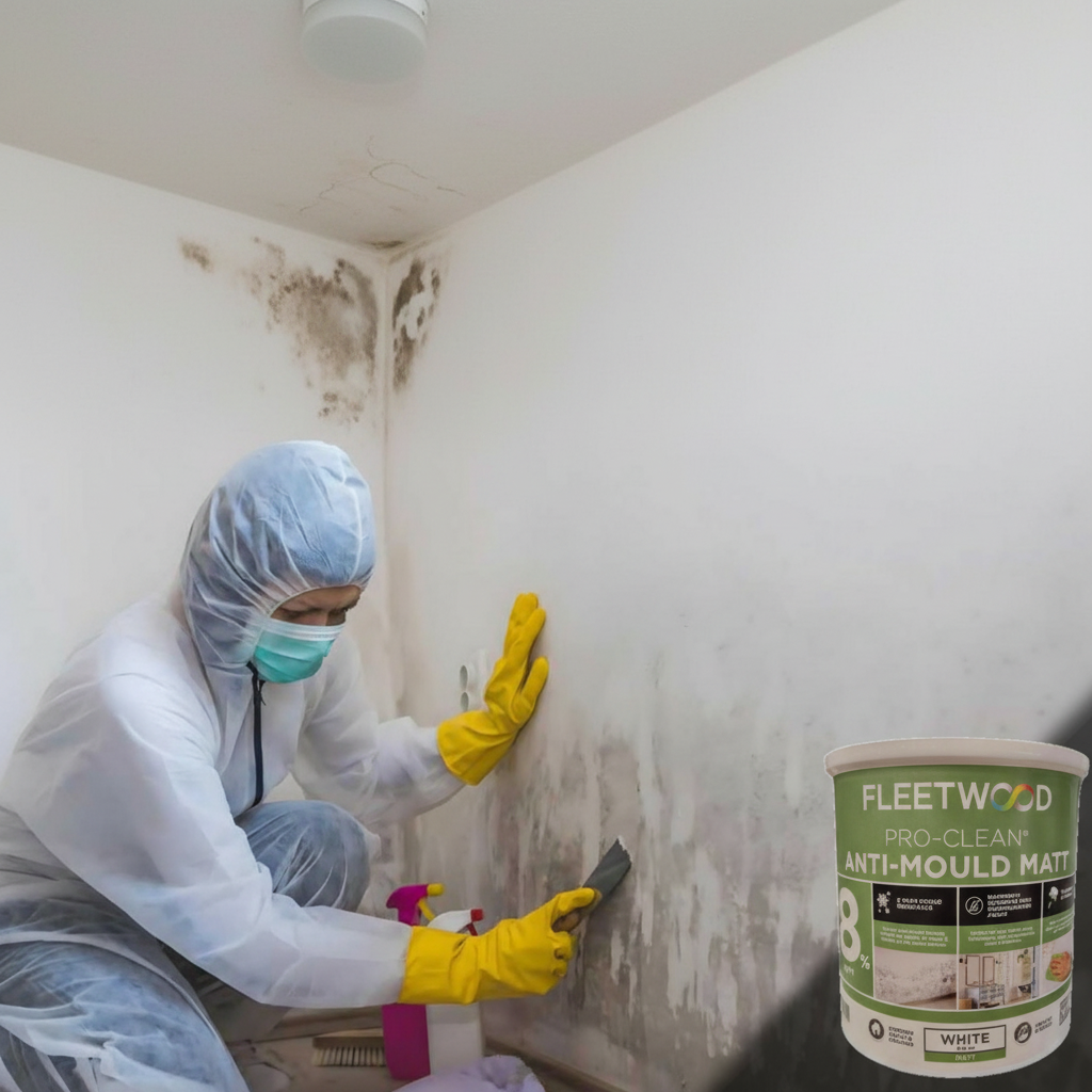 A person in protective clothing and yellow gloves applies a grey anti-mould mat to a damp wall, with a can of Fleetwood Pro-Clean Anti-Mould Matt shown on the right.