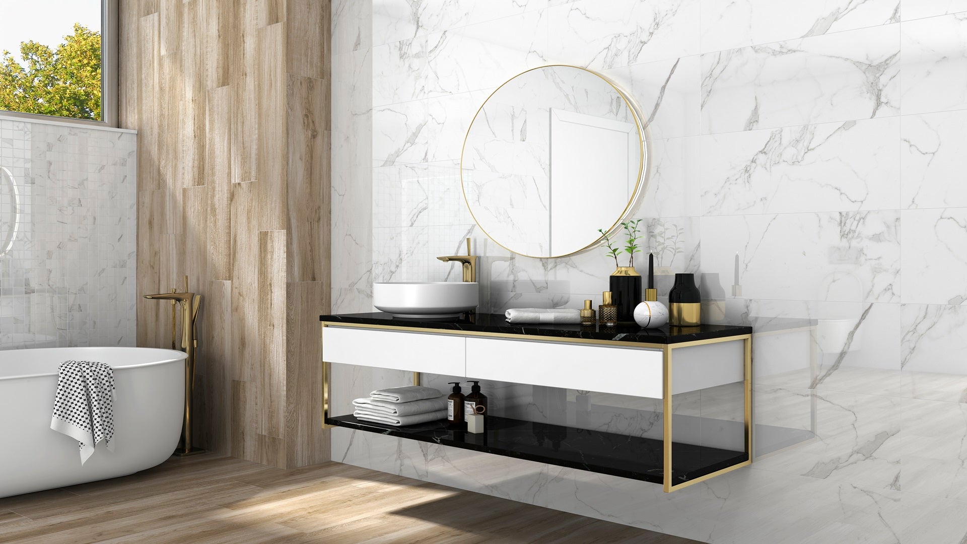 Palatina Glossy 30 x 60 Tile in Large Bathroom