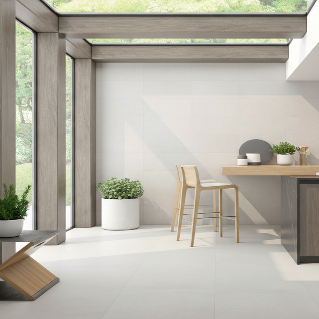 Plock White Floor Tiles in Kitchen Extension