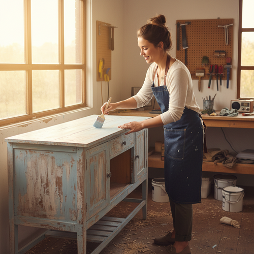 Girl Priming sideboard