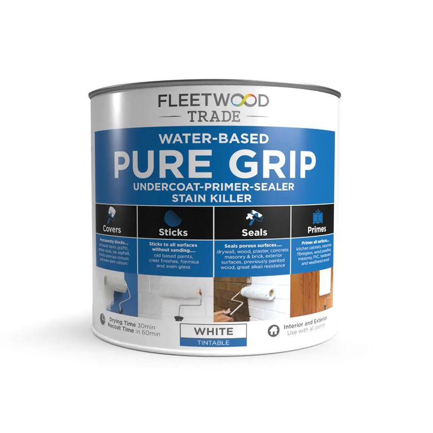 A can of Fleetwood Trade Pure Grip Water-Based Undercoat-Primer-Sealer Stain Killer, White, shown on a clean white background.