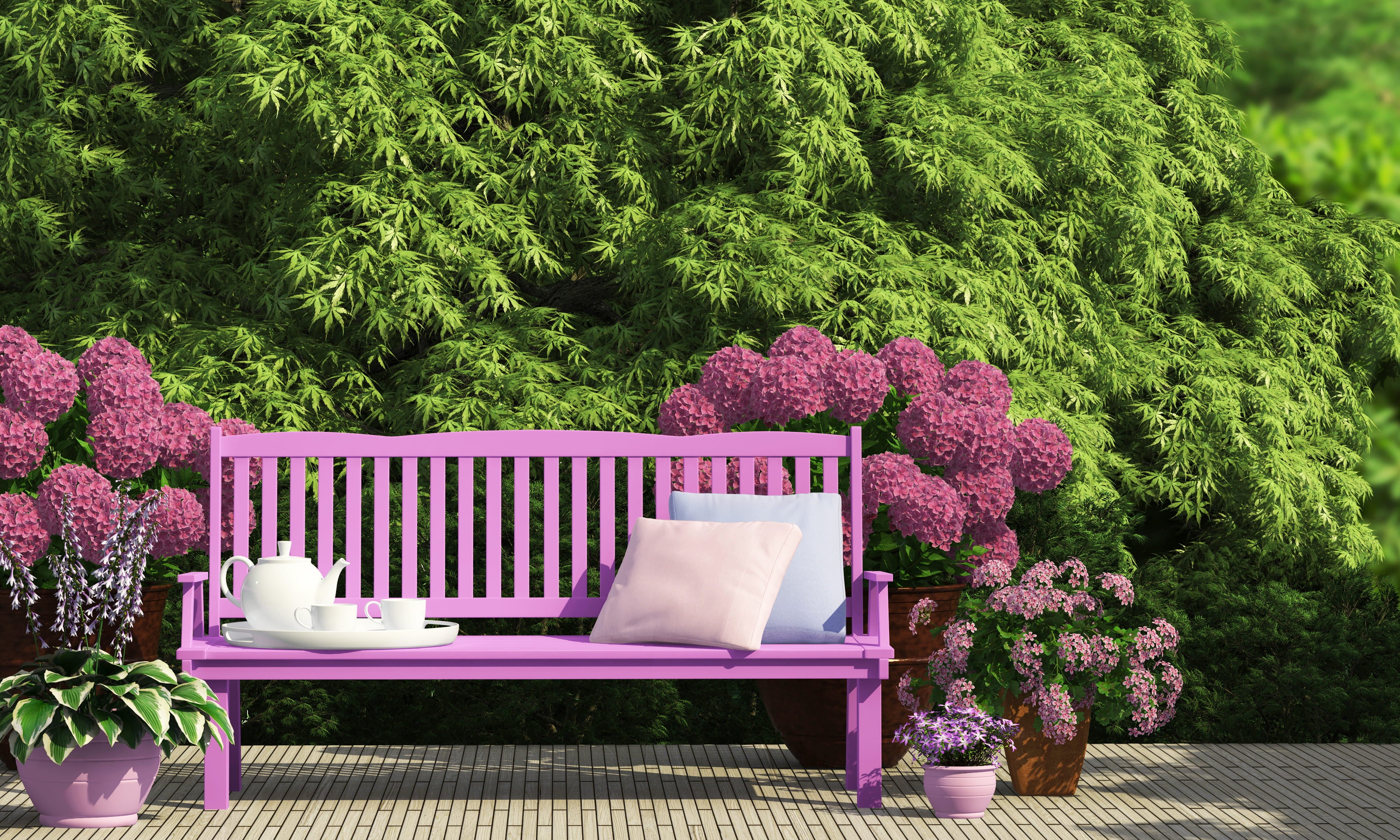 Purple bench with cushions and a teapot in a garden setting