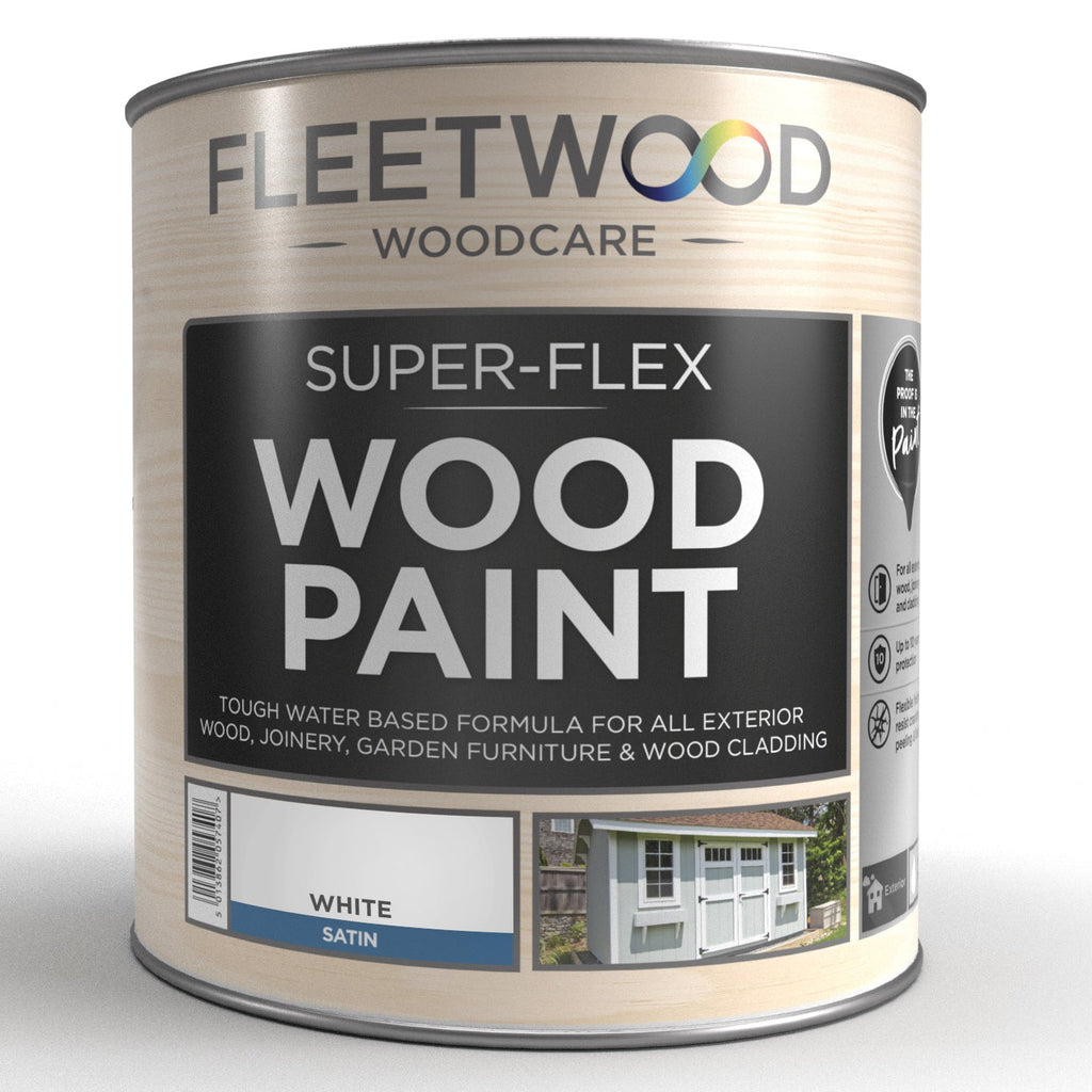 Can of Fleetwood Woodcare Super-Flex Wood Paint on a white background