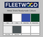 Fleetwood Metal Shield Readymade Colours chart with color swatches on a gray background