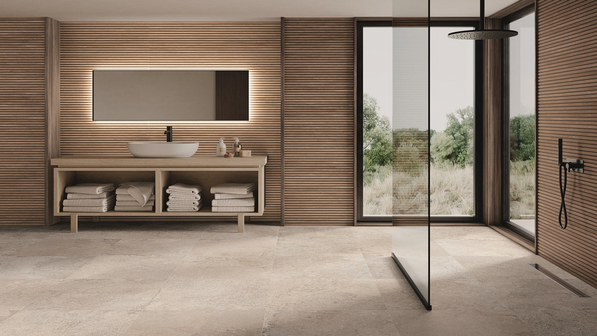 Toja Beige Acoustic Tile in Shower Room