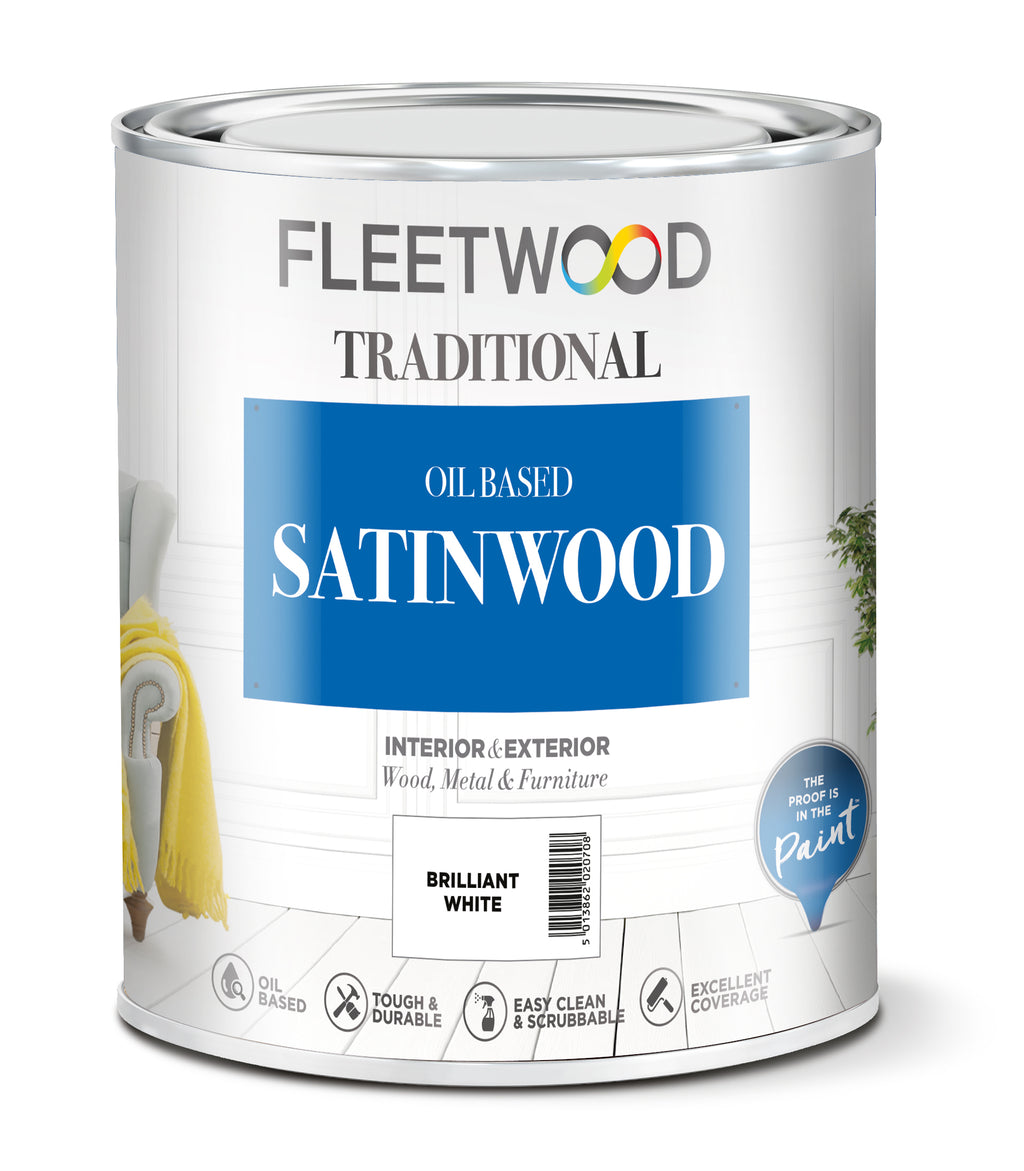 Fleetwood Traditional Oil-Based Satinwood paint can on a white background