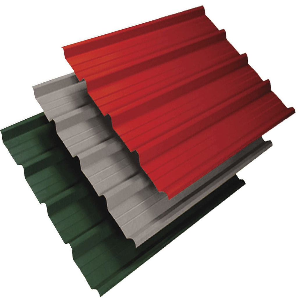Three colored metal roofing sheets in green, gray, and red on a white background