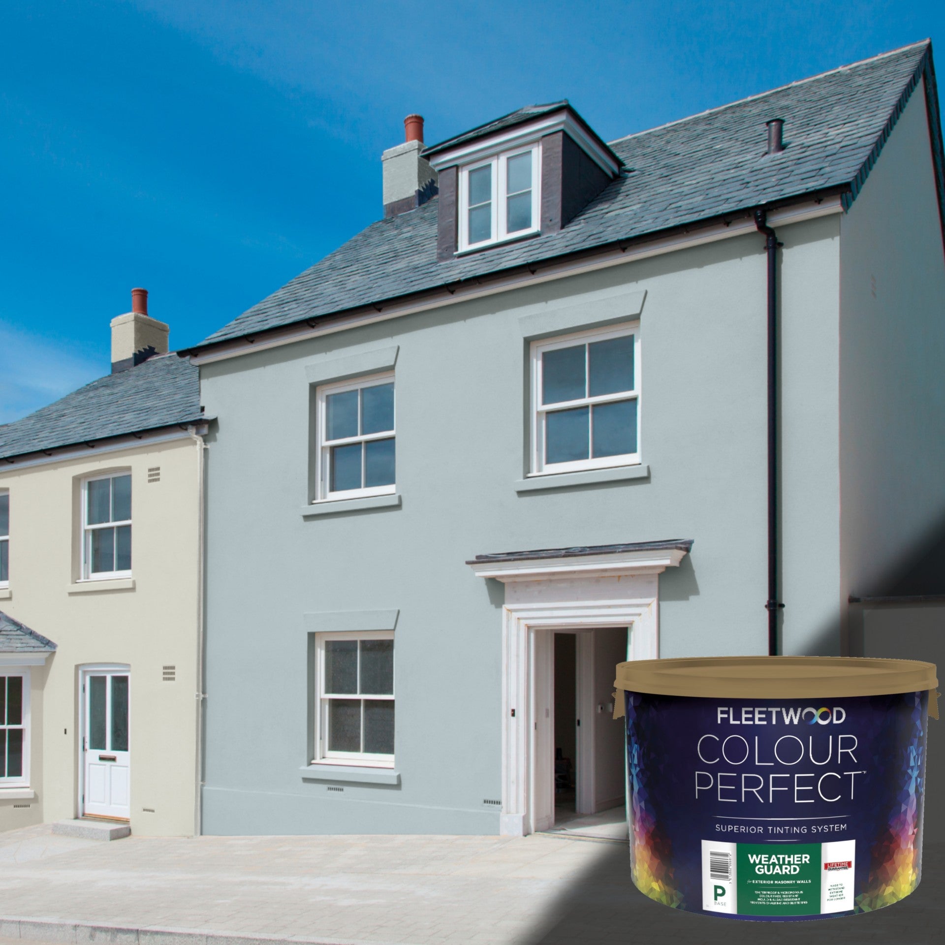 Two houses with one featuring a can of Fleetwood Colour Perfect paint.