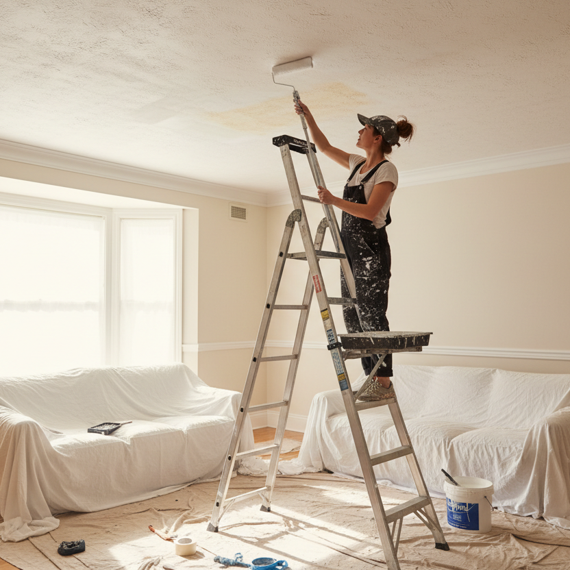 Woman painting ceiling