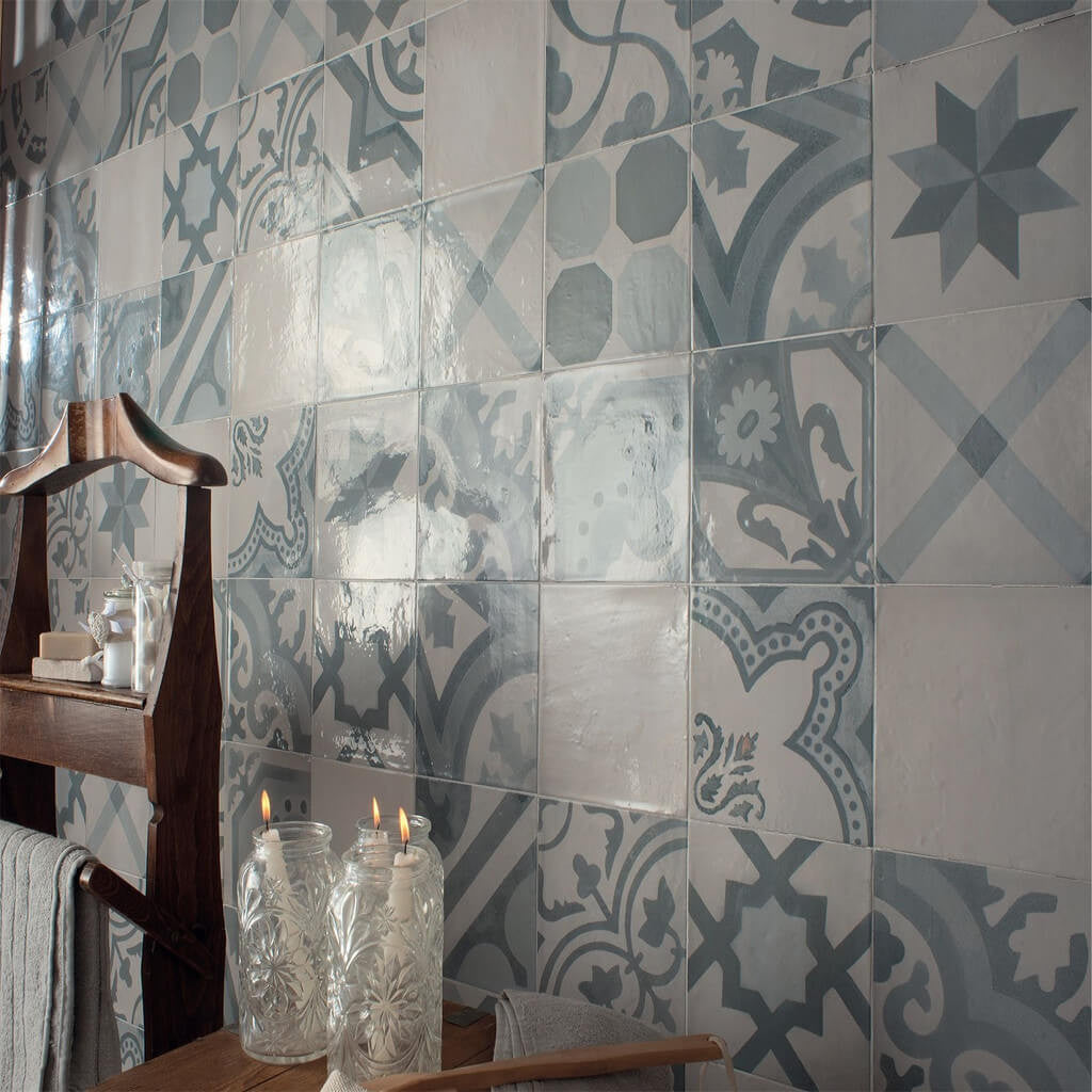 Antique Azul Ceramic Tiles on a Bathroom Wall with Candle