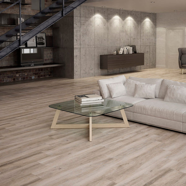 Atelier Taupe Wood Effect Tiles in Modern Living Room