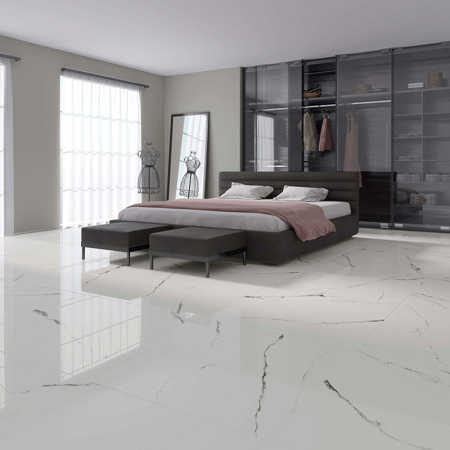 Aura 45 x 90 Polished Glazed Porcelain Tile on Bedroom Floor