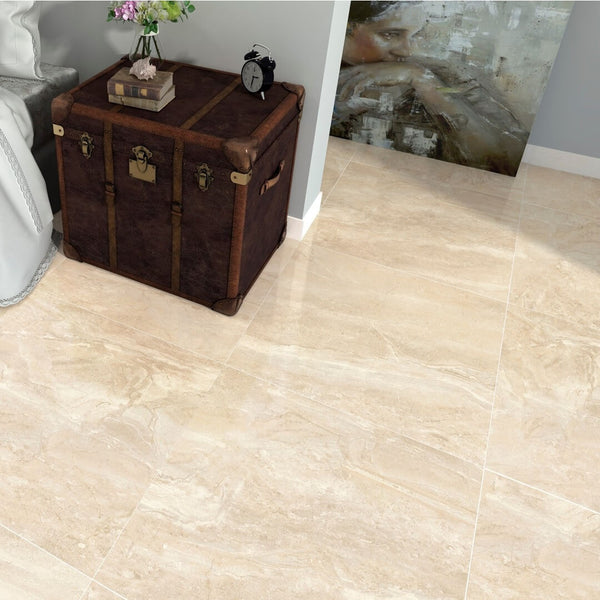 Kenia Marfil Large Marble Effect Cream Floor Tiles with Old Chest