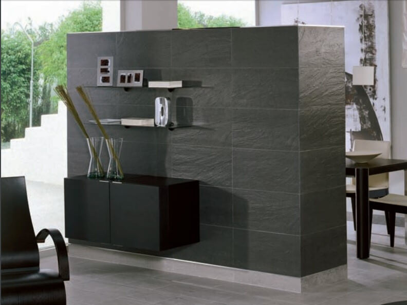 Nain Black Slate Effect Tiles on an Island Wall in Stunning Apartment