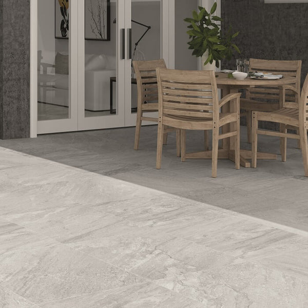 Icaria White Outdoor Tile in Patio Setting