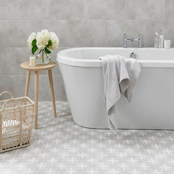 Sofia Grey Floor Tile with Modern Free Standing Bath