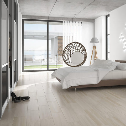 Sophie Cream Wood Effect Floor Tiles in Modern Bedroom